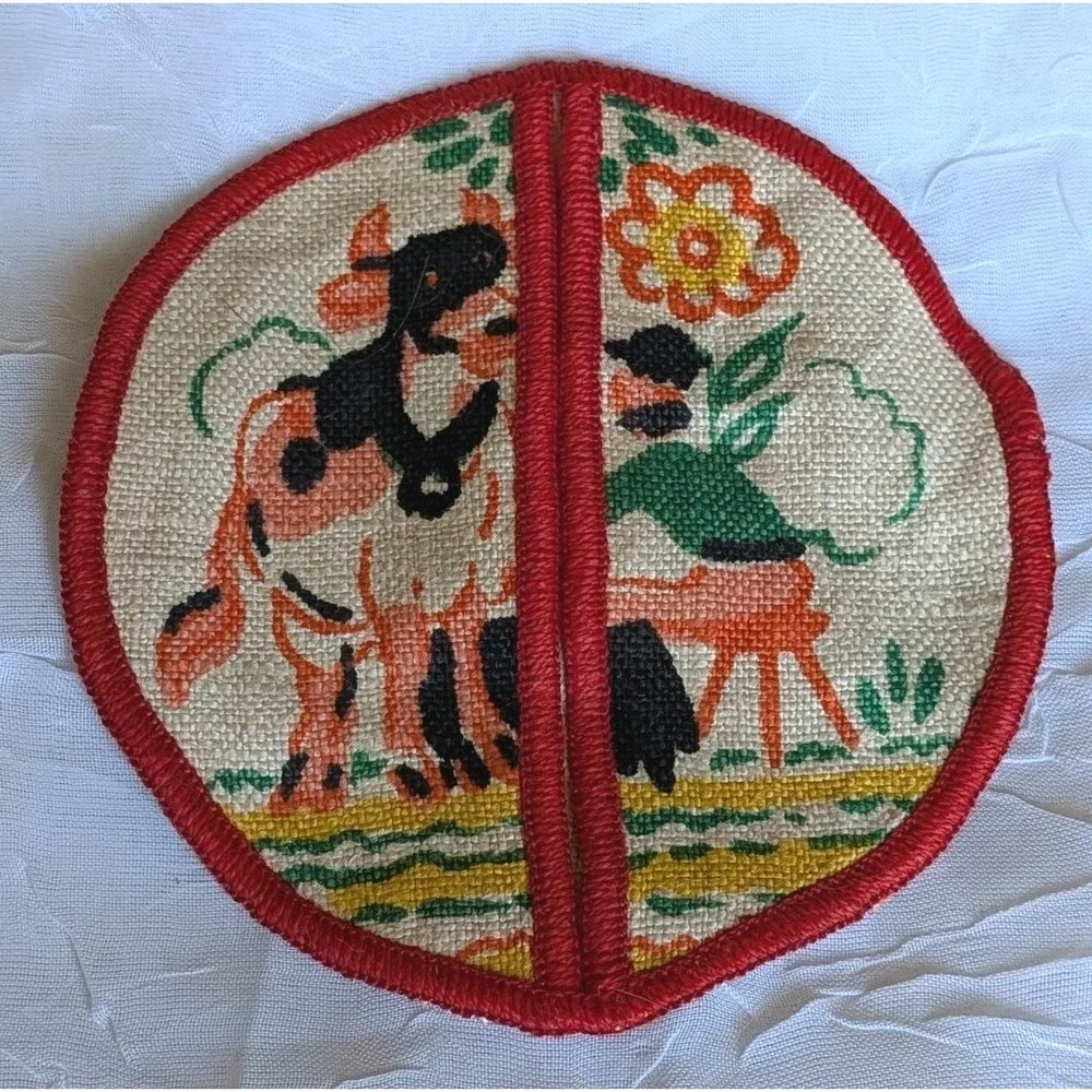4 Tony Sarg Print Linens Coasters Wine Pocket Cow Lamb Deer Boat Hunter Set Vtg